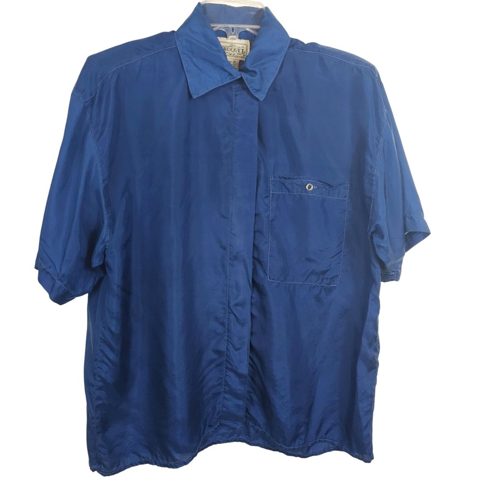VTG Mens Business Casual Work Office Lounge 100% Silk Blue Dress Shirt Croquet M